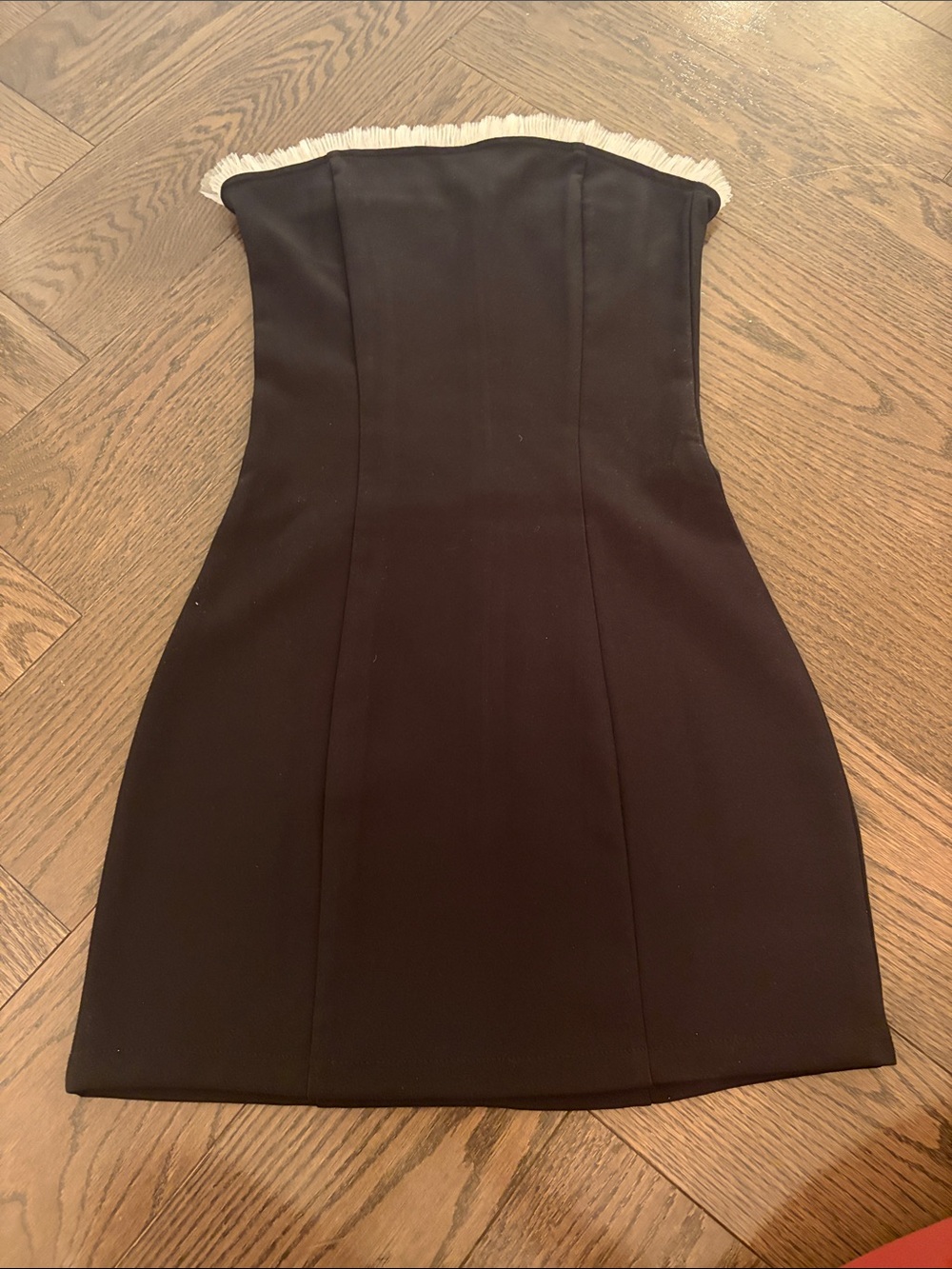 Edikted Strapless Black Bodycon Dress with Fringe Trim
